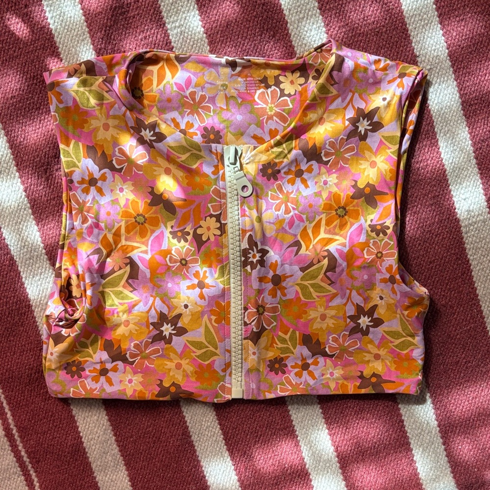 Stone Fox Swim Floral Zip Front Crop Top in Pink, Orange, Yellow